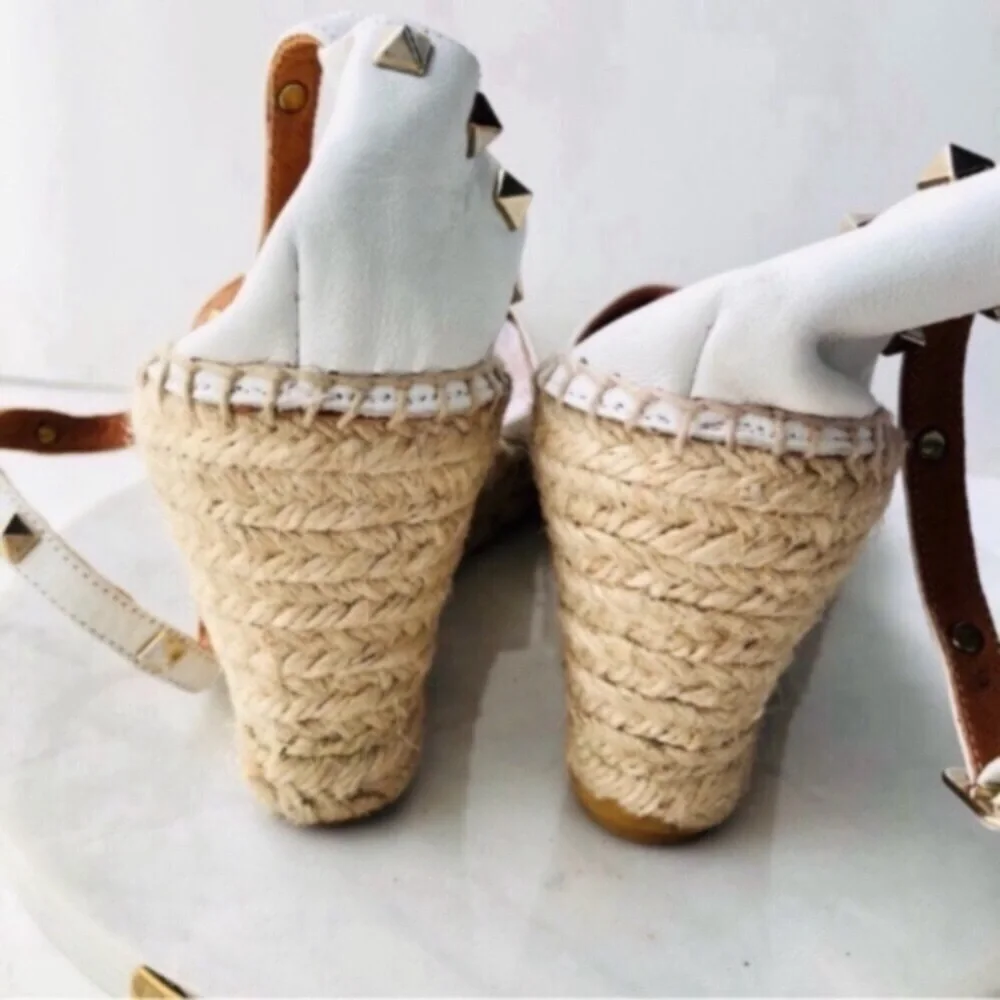 Maypol White Leather Wrap Espadrille Wedges